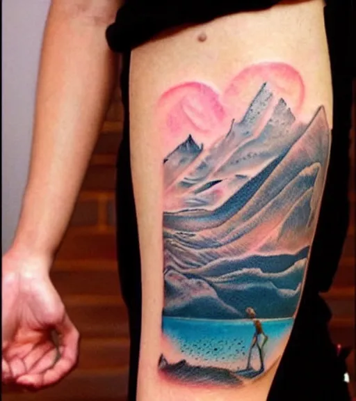 Image similar to beautiful durrealist double exposure tattoo sketch of margot robbie and beautiful mountains mash up, in the style of lesha lauz, amazing detail, sharp