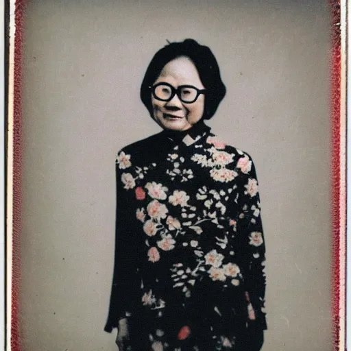 Prompt: polaroid photo of an old chinese singaporean woman with permed hair, glasses, wearing a floral dress