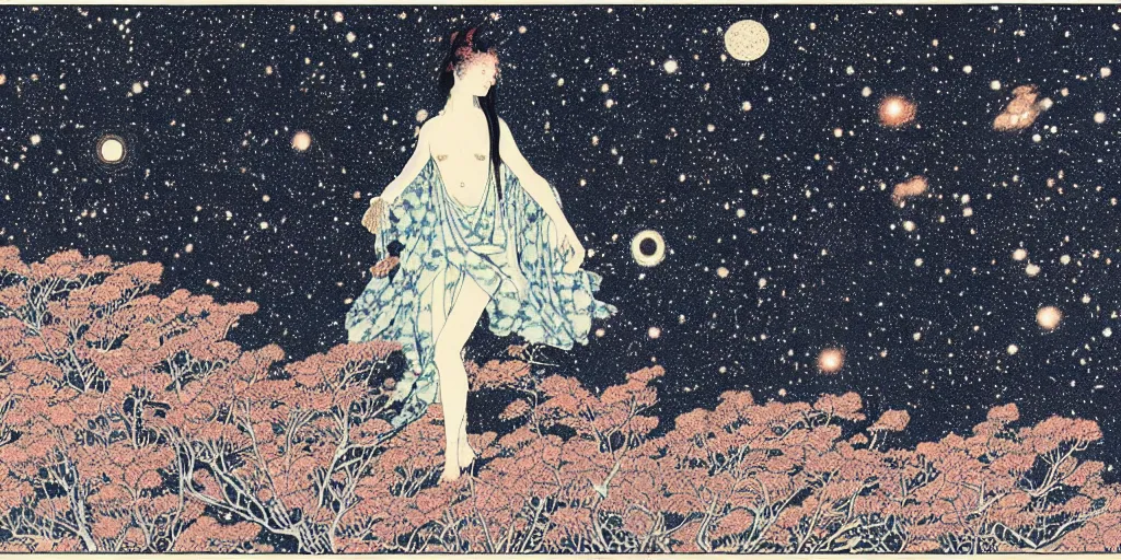 Prompt: stunning cold mountain landscape with sky full of galaxies by takato yamamoto