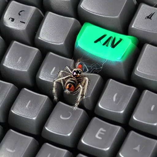 Image similar to a human sized jumping spider pressing keyboard keys, by pixar, iridescent