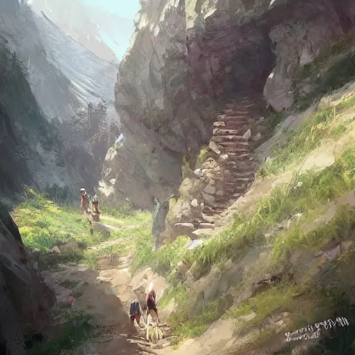 Prompt: Time to climb the mountain path, digital art by Krenz Cushart