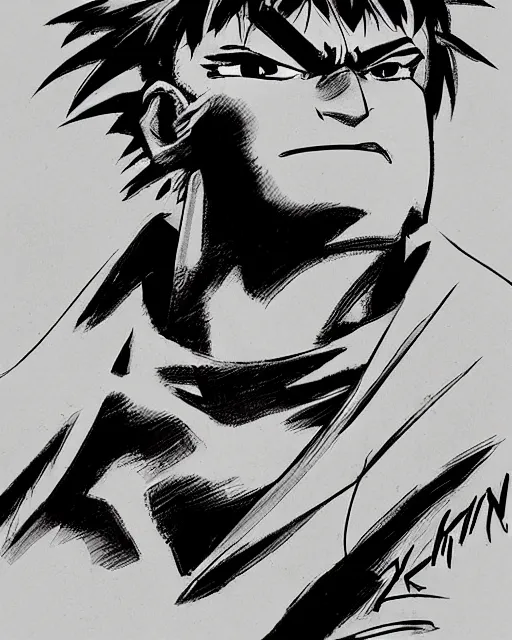 Image similar to ryu from street fighter, sketch by glen keane and jin kim, black and white illustration, concept art, disney