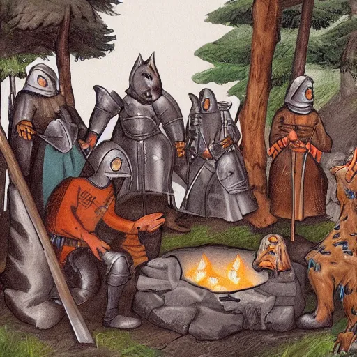 Image similar to Medieval knights gathered around a firepit surrounded by werewolves