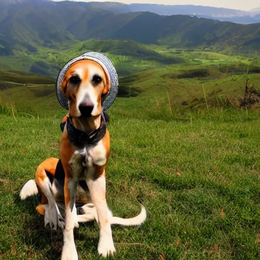 Prompt: a foxhound dog that is realistic wearing different hats and posing in front of a scenic background