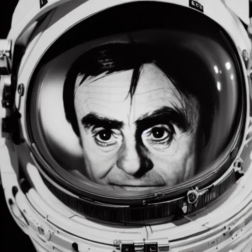 Image similar to extremely detailed photo of carl sagan through visor of spacesuit mars rover, detailed face