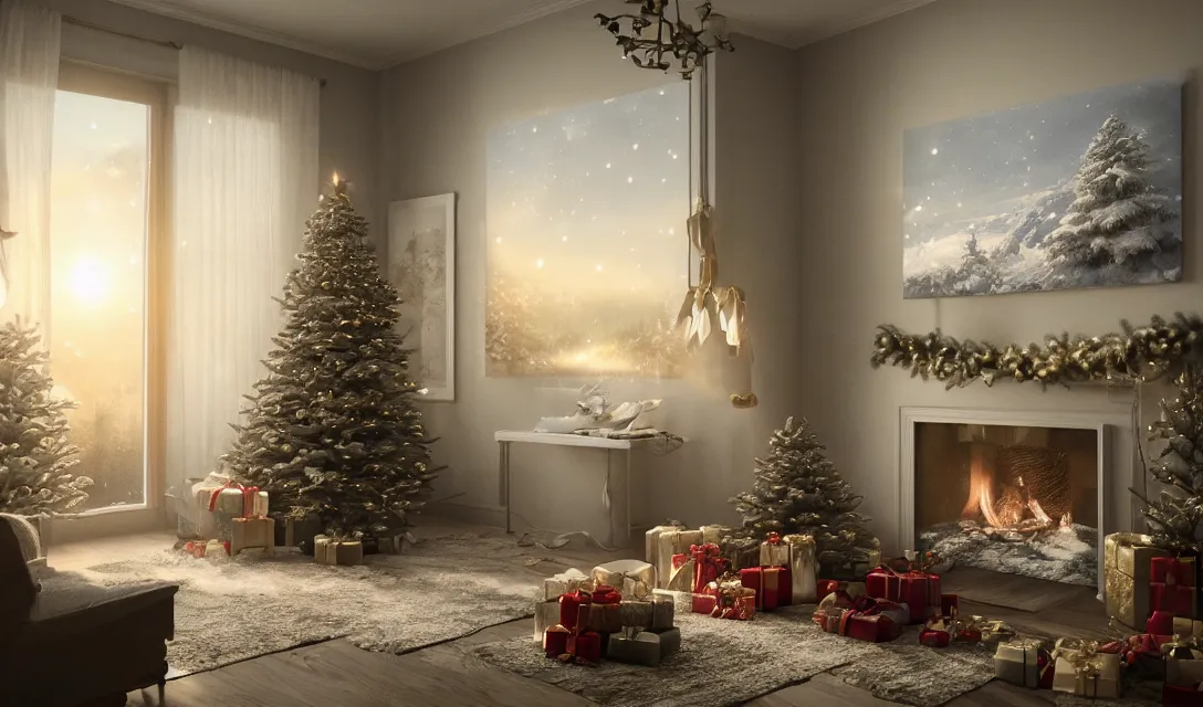 Image similar to a christmas eve in a beautiful home, photorealistic landscape painting on the wall, ascher clemens, home, interior, octane render, deviantart, greg rutkowski, cinematic, key art, hyperrealism, canon eos c 3 0 0, ƒ 1. 8, 3 5 mm, 8 k, medium - format print