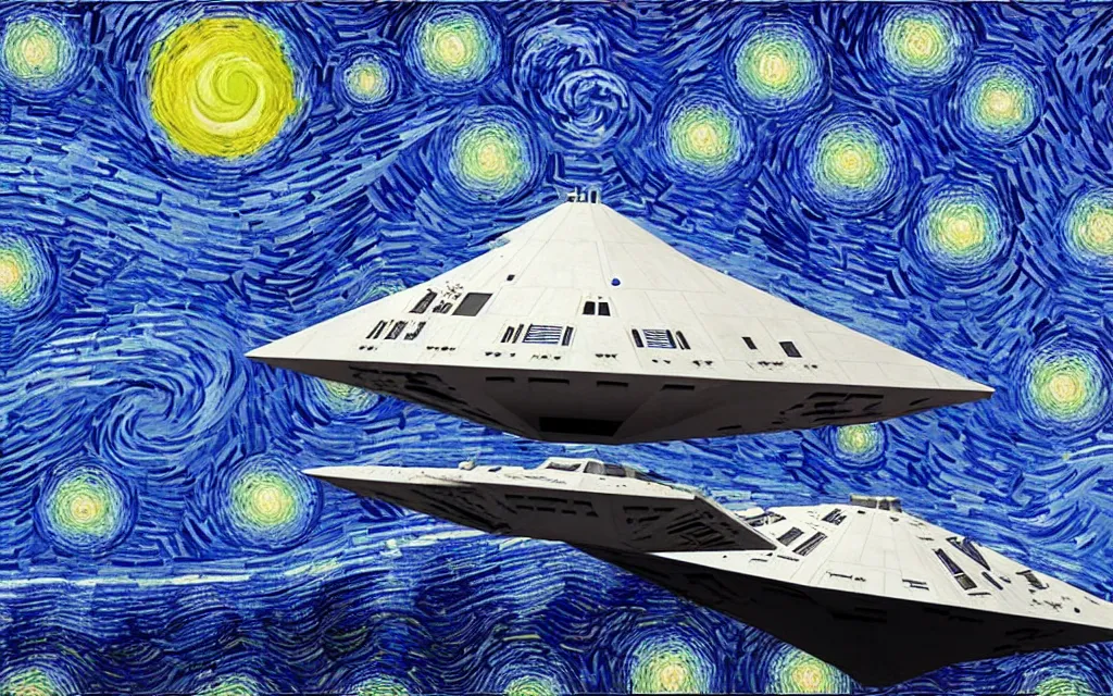 Prompt: star wars star destroyer from star wars in the sky of the starry night by van gogh modern inpainting high details