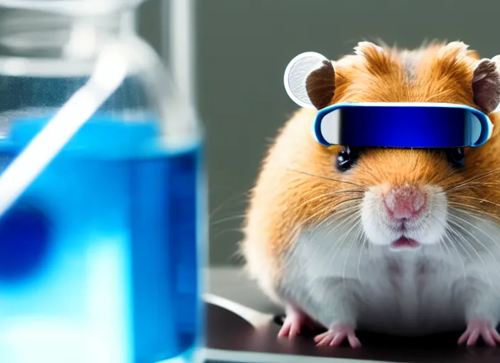 Image similar to film still of a hamster wearing goggles working in a research lab using a tiny microscope, 8 k