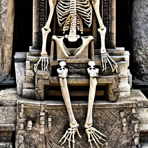 Prompt: ancient skeleton sits on a throne in an old temple with godrays, XF IQ4, 150MP, 50mm, f/1.4, ISO 200, 1/160s, natural light, Adobe Photoshop, Adobe Lightroom, DxO Photolab, Corel PaintShop Pro, rule of thirds, symmetrical balance, depth layering, polarizing filter, Sense of Depth, AI enhanced