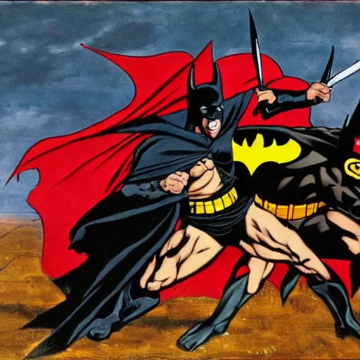 Image similar to a biblical duel between Batman and Satan, oil painting, 8k, Frank Miller