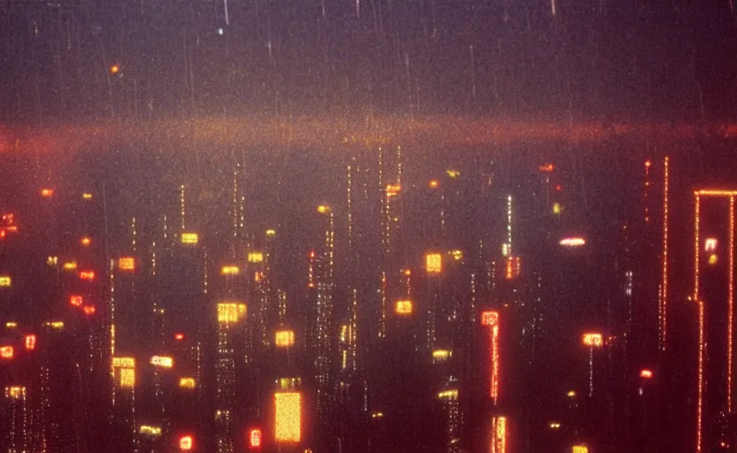 Prompt: Lumière Autochrome of rain falling on Neo-Tokyo 20XX skyline, futuristic megacity seen from above, sprawling megacity in the rainy night, neon lights, blade runner 1982