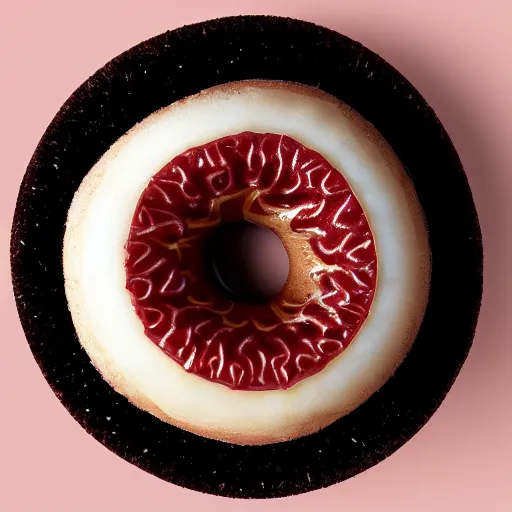 Prompt: Perfectly circular donut!!!!! in the style and shape of a rambutan!!!!!!, blended colors!!!!!, trending on artstation, 4k, 8k, professional photography, overhead shot, 35mm lens