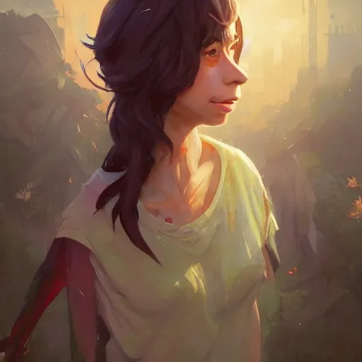 Image similar to Highly detailed full-body portrait of homeless Cristin Milioti, beautiful, fantasy art by Greg Rutkowski, Rhads, Makoto Shinkai and Lois van baarle, ilya kuvshinov, rossdraws global illumination, radiant light, detailed and intricate environment