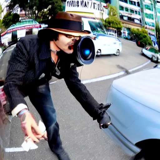 Image similar to paparazzi photo of Johnny Depp robbing a small business, wide angle, fisheye, uhd, 8k, award winning,