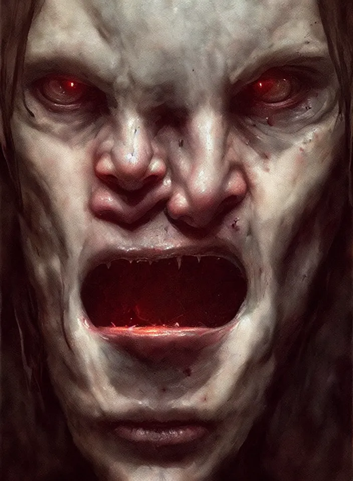 Prompt: a face portrait of a creature invoking fear, art by greg rutkowski, stranger things, horror setting, dark lighting, matte painting, trending on artstation, very detailed