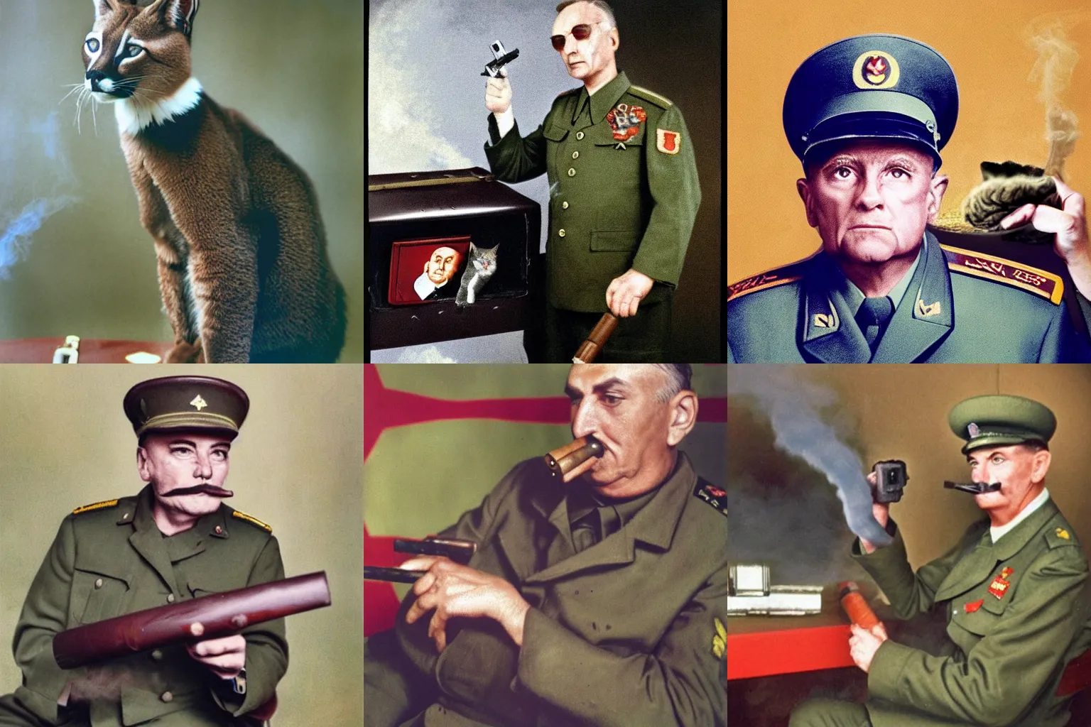 Prompt: colorized caracal cat as a soviet general smokes cigar film photography, cold war, military portrait