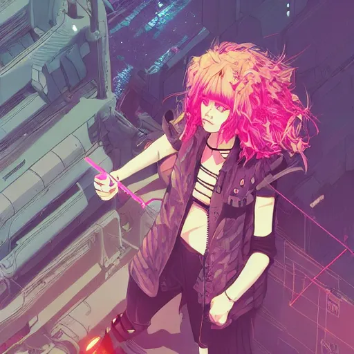 Prompt: high - angle, combat pose of a grungy cyberpunk anime, very cute, by super ss, cyberpunk fashion, curly pink hair, night sky by wlop, james jean, victo ngai, muted colors, highly detailed