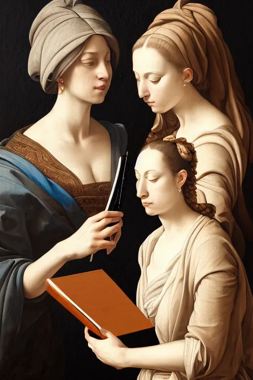 Image similar to portrait of two wise and very beautiful women reviewing some texts, art by tiziano, intricate, elegant, highly detailed, smooth, sharp focus, artstation