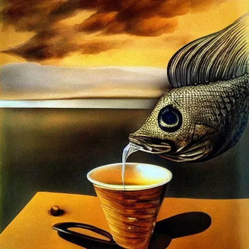 Image similar to a real fish is drinking from a cup of tea, photorealism, by salvador dali