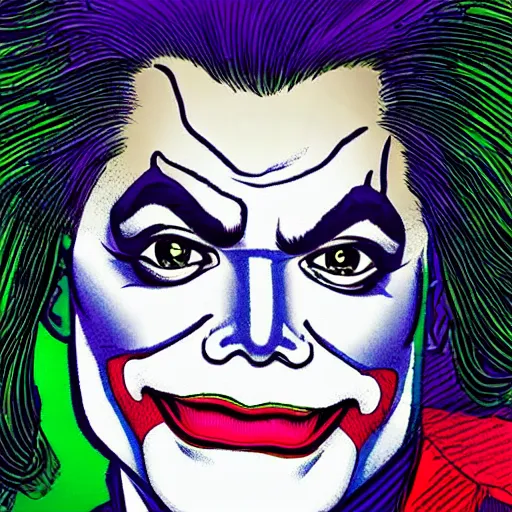 Image similar to dynamic macro head portrait of beautifu michael jackson as the joker in white sequined jacket by john romita sr and cory walker and ryan ottley and jack kirby and barry windsor - smith, comic, illustration, photo real