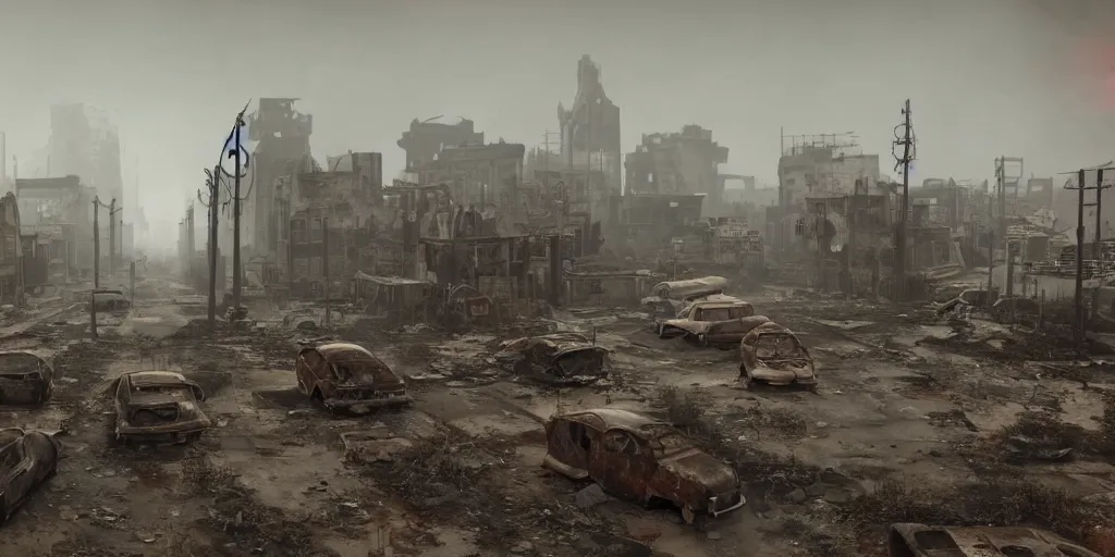 Image similar to wide angle shot of dilapidated fallout 5 city in real life, desolate dilapidated town, empty streets, nightmarish, some rusted retro futuristic fallout style parked cars, overcast, blankets of fog pockets, rain, volumetric lighting, beautiful, daytime, autumn, sharp focus, ultra detailed, cgsociety