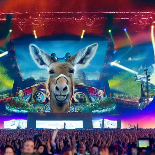 Prompt: A donkey DJ is shown on a giant screen at tomorrowland, 8k