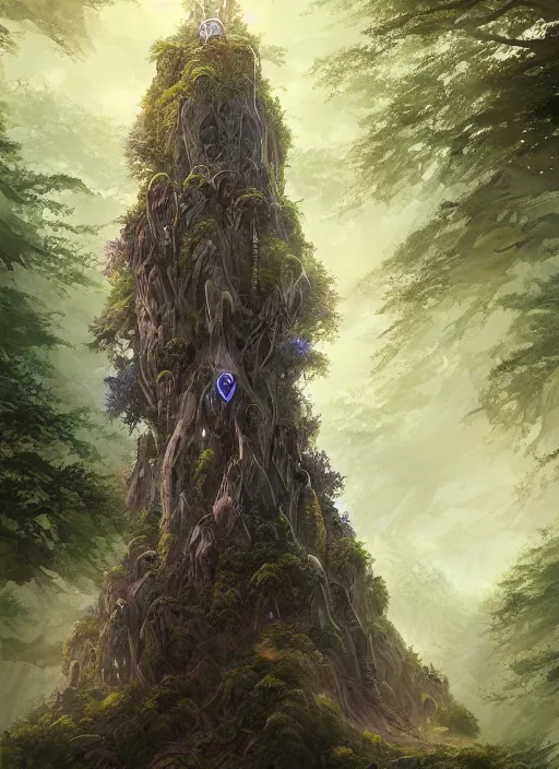 Prompt: an ancient obsidian cubic tower rising from a dense forest landscape, fantasy, digital painting, stunning, intricate, highly detailed, artwork by ross tran, artgerm