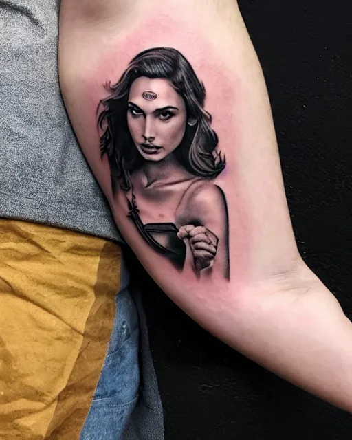 Prompt: creative double exposure effect tattoo design sketch of beautiful gal gadot faded with beautiful mountain scenery, realism tattoo, in the style of matteo pasqualin, amazing detail, sharp