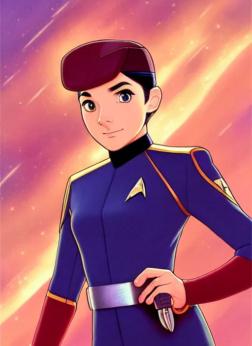 Image similar to cute star trek officer federico macheda, natural lighting, path traced, highly detailed, high quality, digital painting, by don bluth and ross tran and studio ghibli and alphonse mucha, artgerm