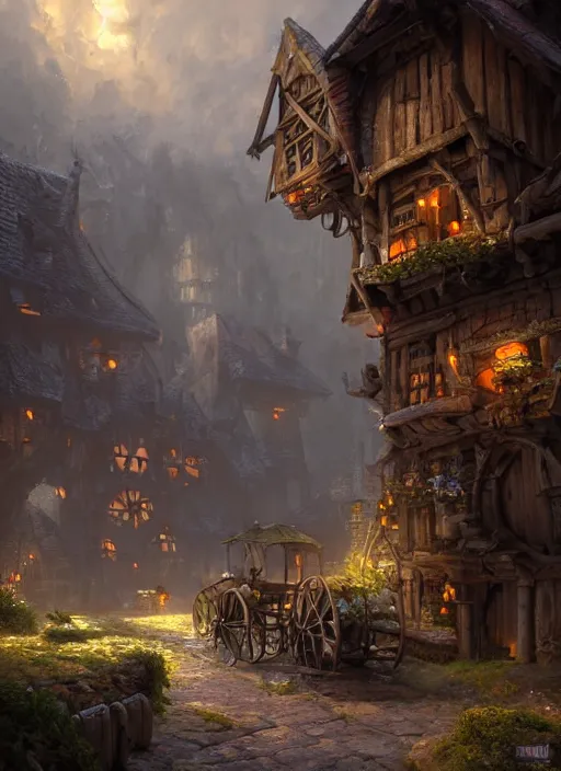 Prompt: wagons pulled by an ox at the robust fantasy castle courtyard, calming, uplifting mood, ultra realistic, funny, small buildings, highly detailed, epic lighting, illuminated, cinematic, morning, art by eddie mendoza