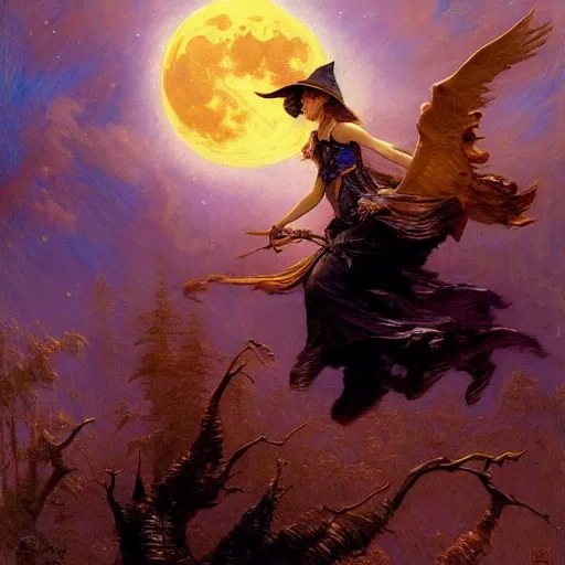 Image similar to witch flying, trough the night, fantasy, full moon in background. highly detailed painting by gaston bussiere, craig mullins, j. c. leyendecker 8 k