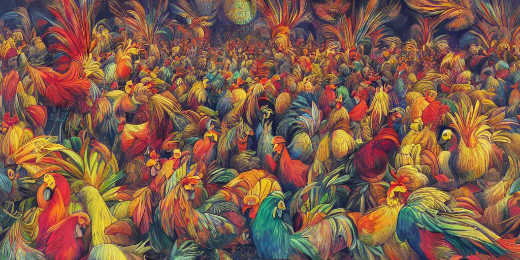Prompt: colorful illustration of a million fighting roosters, mix of styles, collage of styles, abstract, surreal, intricate, highly detailed, dark color scheme, golden ratio, cubism, surrealism