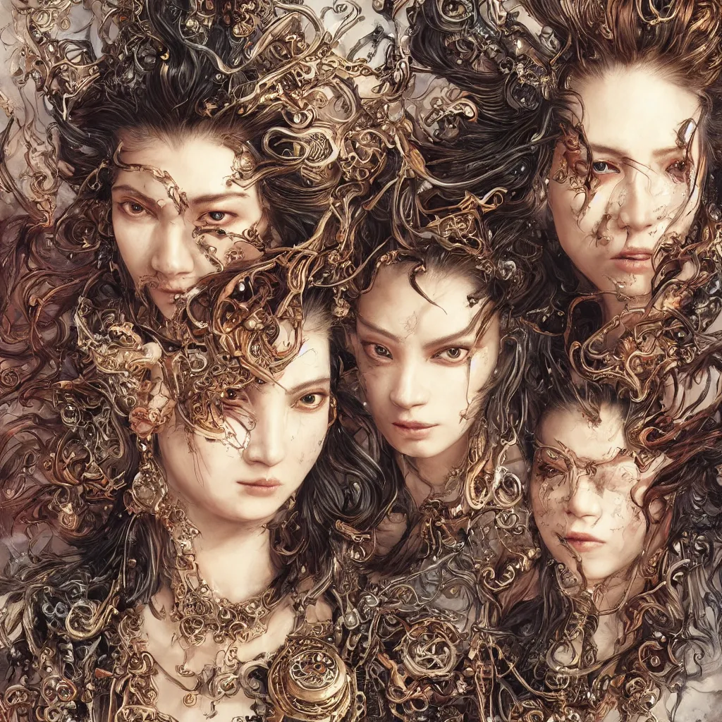 Image similar to portrait, headshot, insanely nice professional hair style, dramatic hair color, digital painting, of a old 17th century, old cyborg merchant, amber jewels, Chinese Three Kingdoms, baroque, ornate clothing, scifi, realistic, hyperdetailed, chiaroscuro, concept art, art by Franz Hals and Jon Foster and Ayami Kojima and Amano and Karol Bak,