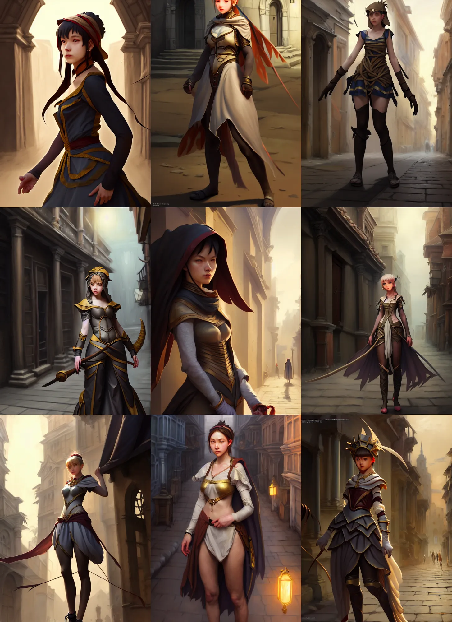 Prompt: costume design from mosquito creators, sophisticated composition, old masters light composition, procedurally generated, epic drama girl character posing for concept art, ancient city streets behind her, substance designer, PBR, HD, Ultra detailed, hyperrealistic, megascans, volumetric light, concept by master artist, made in paint tool SAI2, trending pixiv face