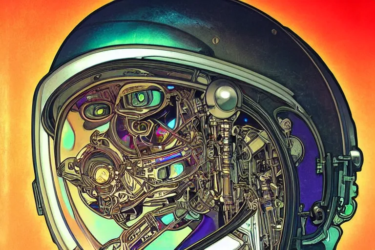 Prompt: portrait of a biomechanical head inside a futuristic space helmet, vintage, neon, white metal, iridescent visor, smooth, sharp focus, high detail, deviantart, art by Alphonse Mucha,