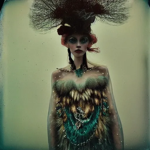 Prompt: kodak portra 4 0 0, wetplate, photo of a surreal artsy dream scene,, weird fashion, in the nature, highly detailed face, very beautiful model, portrait, expressive eyes, close up, extravagant dress, carneval, animal, wtf, photographed by paolo roversi style and julia hetta