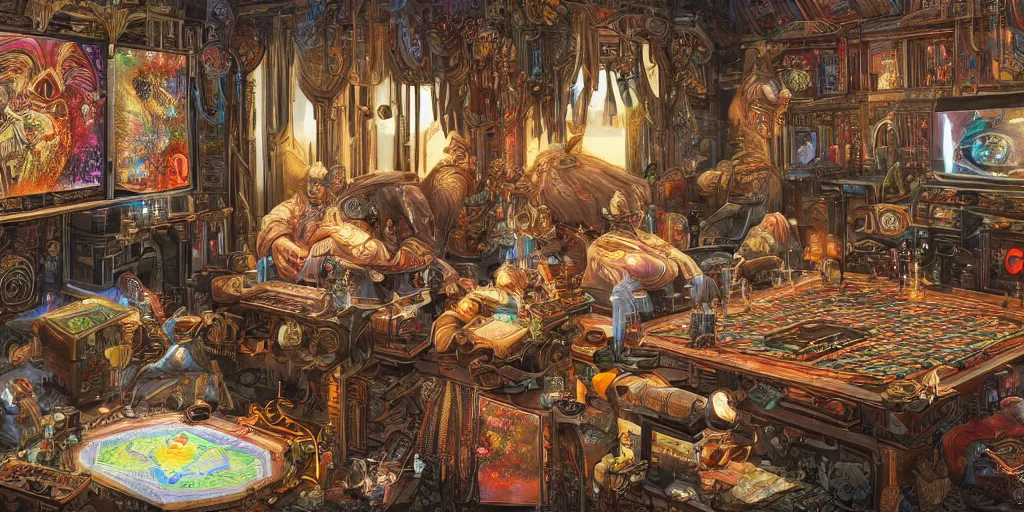 Prompt: beautifully detailed scene of a cyberpunk hyperborean magitech esoteric play and games scholar floral patterned robes in his study with holographic machinery, board games, chess contraptions, video game consoles, controllers, large crt monitors, books light projection mystical outdoor temple natural scene