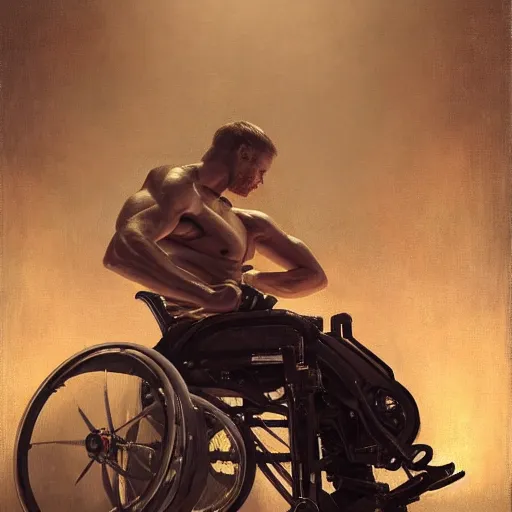 Prompt: handsome portrait of a wheelchair guy fitness posing, radiant light, caustics, heroic, smooth, one legged amputee,, by gaston bussiere, bayard wu, greg rutkowski, giger, maxim verehin