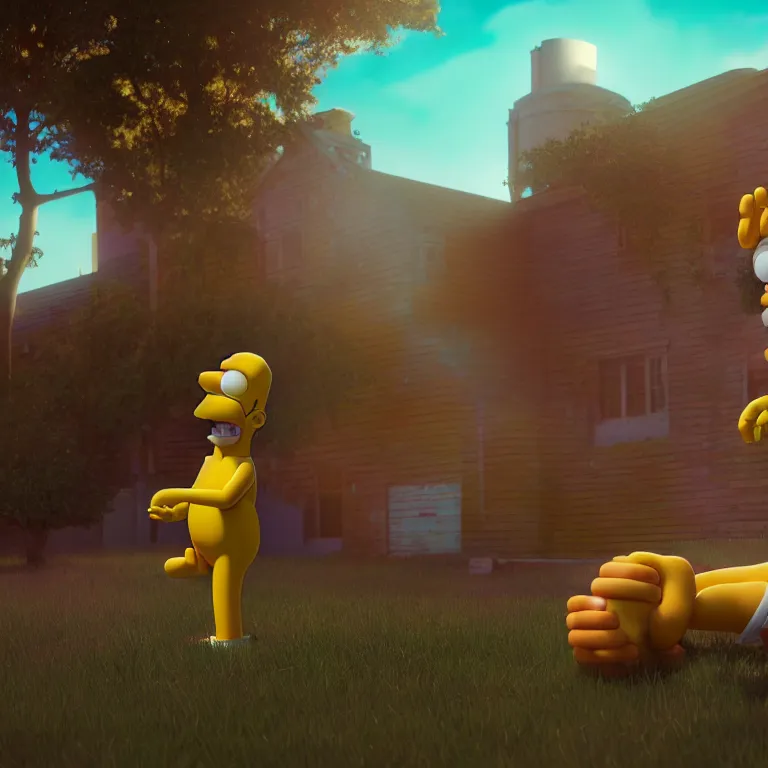 Image similar to a cinematic shot of homer simpson, octane render, volumetric lighting, nvidia raytracing demo, by Andy Thomas, Mario Martinez, Daniel Mirante, Gustave Dore, Artstation, CGsociety, masterpiece