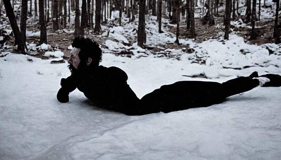 Image similar to 1 9 6 0 s movie still close up of marcus aurelius frozen to death, feets in a river, pine forests, cinestill 8 0 0 t 3 5 mm b & w, high quality, heavy grain, high detail, texture, dramatic light, anamorphic, hyperrealistic, foggy