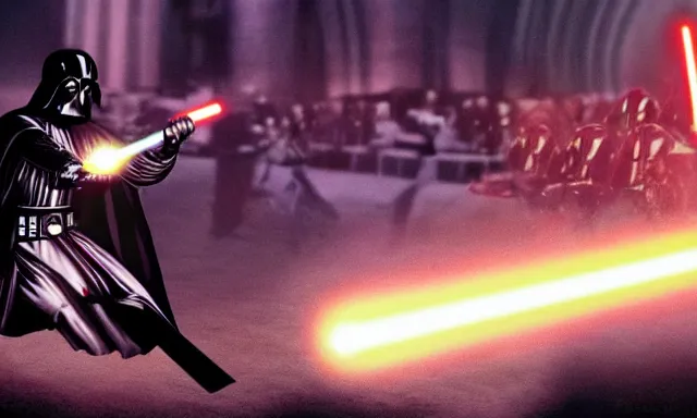 Image similar to full shot photograph of super jesus christ defeating darth vader, using a cross - shaped gold lightsaber, photorealistic, cinematic lighting, extremely detailed, star wars