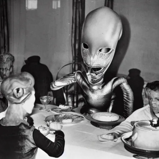 Prompt: the alien celebrates the new year at the table in a soviet family, old style, documental photo, top secret
