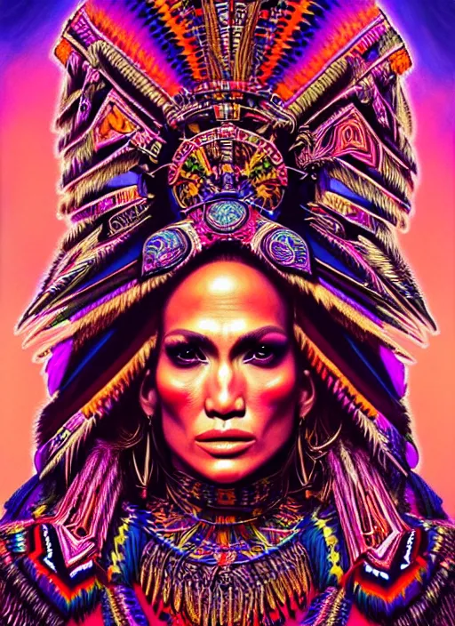 Image similar to portrait of jennifer lopez, hyper detailed ultra sharp aztec shaman warrior. trending on artstation, warpaint aesthetic, bloodwave, colorful, psychedelic, ornate, intricate, digital painting, concept art, smooth, sharp focus, illustration, art by artgerm and greg rutkowski and h. r. giger, 8 k