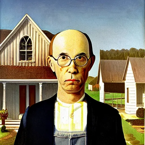 Prompt: fat orange tabby cat next curly haired man, american gothic by grant wood