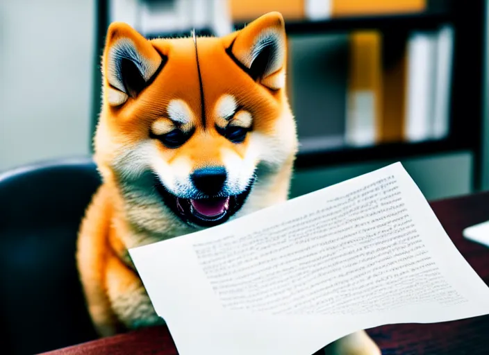 Prompt: photo of a real fluffy shiba inu dog wearing a suit and wearing reading glasses, and reading a document at a desk in an office. Highly detailed 8k. Intricate. Sony a7r iv 55mm. Award winning.