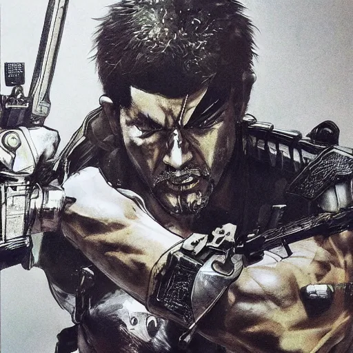 Prompt: splitting a bullet with a sword, samurai vs swat team hyperrealism yoji shinkawa