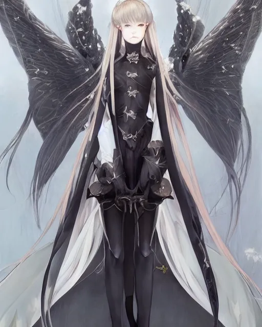 Image similar to range murata, an infinitely detailed portrait of a frail and pale female peace angel elegantly. fully - clothed full - body, beautiful! scenery art!! coherent! by wlop & murata range, victorian armor trim, cold color palette, artstation / pixiv!! elegantly armored angel portrait full - body, dreamy art