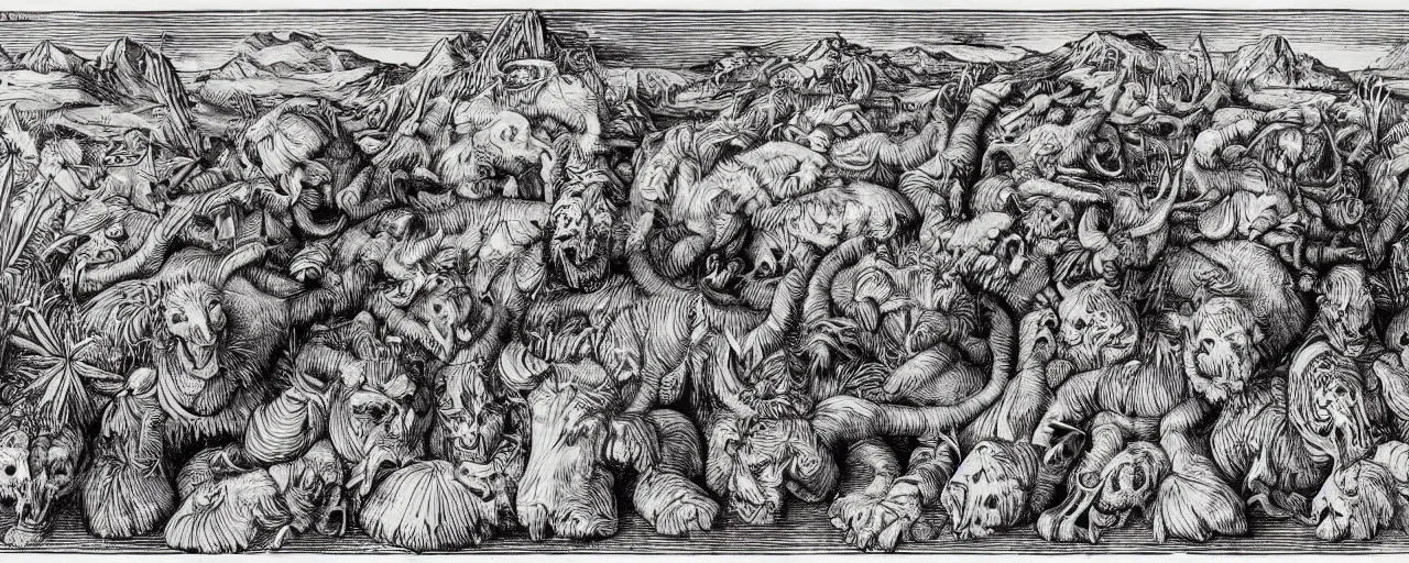 Prompt: Elaborate isometric wallpaper print of Giant Tiger skulls in the scrub of the Sonora Desert in the style of Albrecht Durer and Martin Schongauer, high contrast!! finely carved woodcut engraving black and white crisp edges