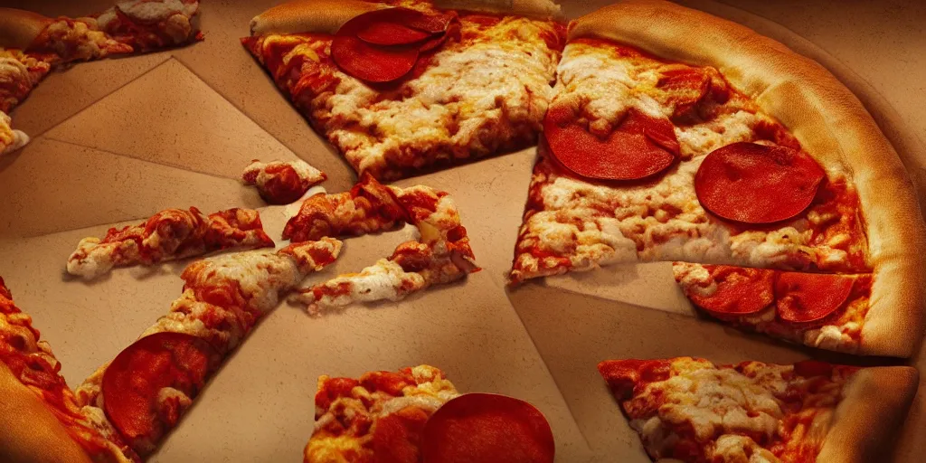 Image similar to an illustration of a slice of pizza, 3 d, photographic filter, unreal engine 5, realistic, hyperdetailed, 8 k, cinematic, volumetric lighting, very realistic effect, hd, hdr, 4 k, sharp focus, octane render, ultra detailed, high resolution, trending on artstation in the style of albert dros glowing rich colors powerful imagery