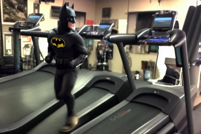 Image similar to batman on a treadmill caught on trail cam